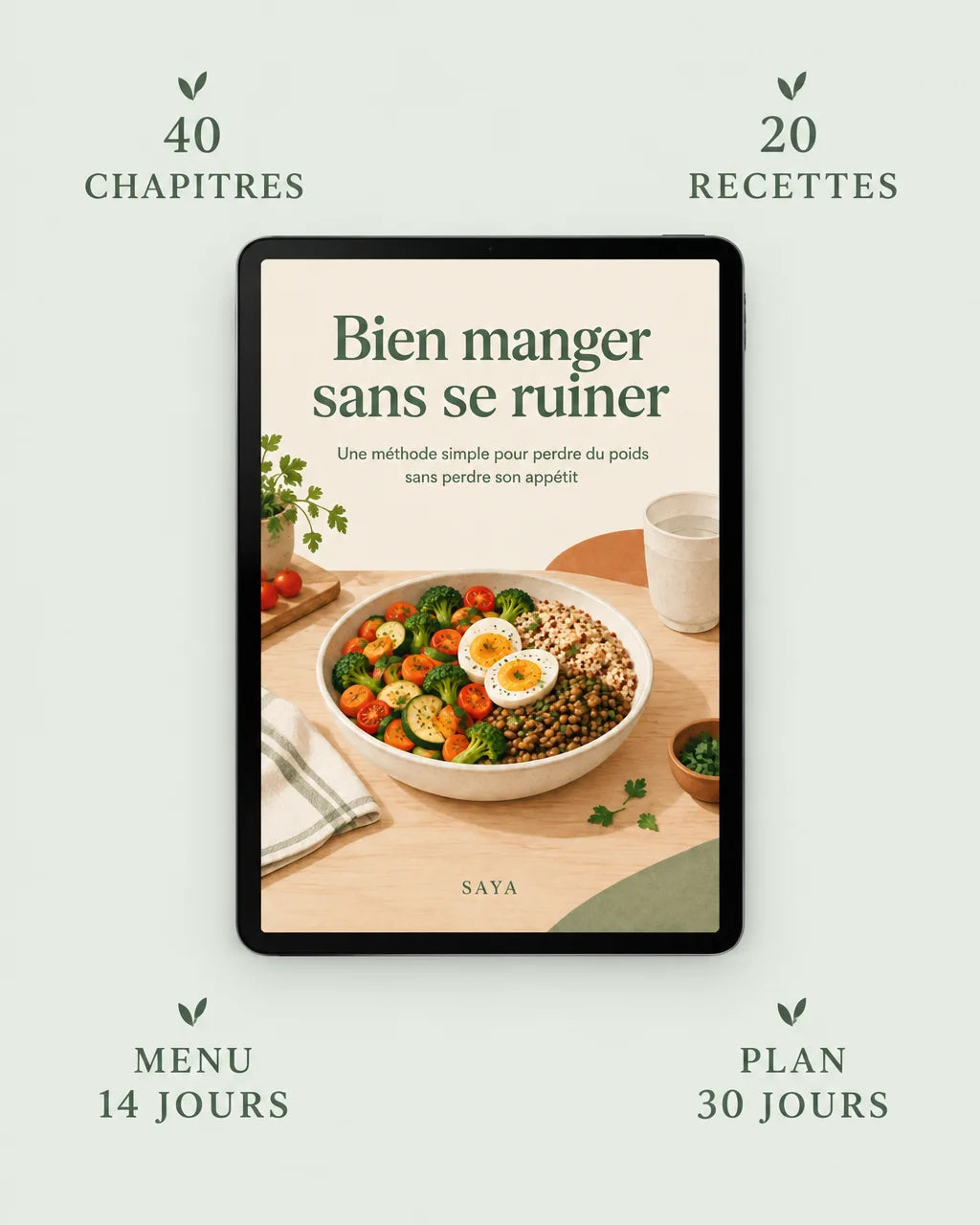 The exact SAYA digital guide from reference r00: a vertical cream editorial cover with sage-green an