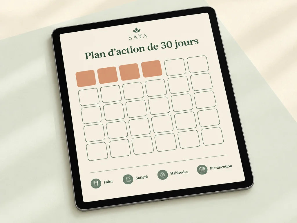 A 4:3 French-language planning graphic seen from a close overhead angle. A black-bezel tablet lies d
