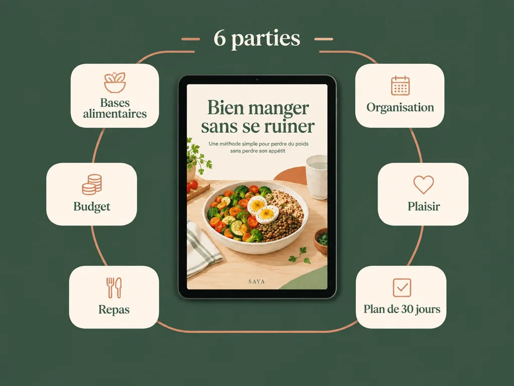 A 4:3 French-language graphic photographed from directly overhead. A black-bezel tablet lies flat on