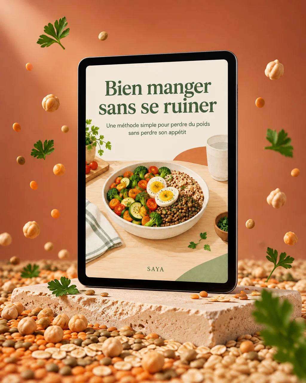 A vertical product photograph of a black-bezel tablet with a portrait screen and the exact SAYA e-bo