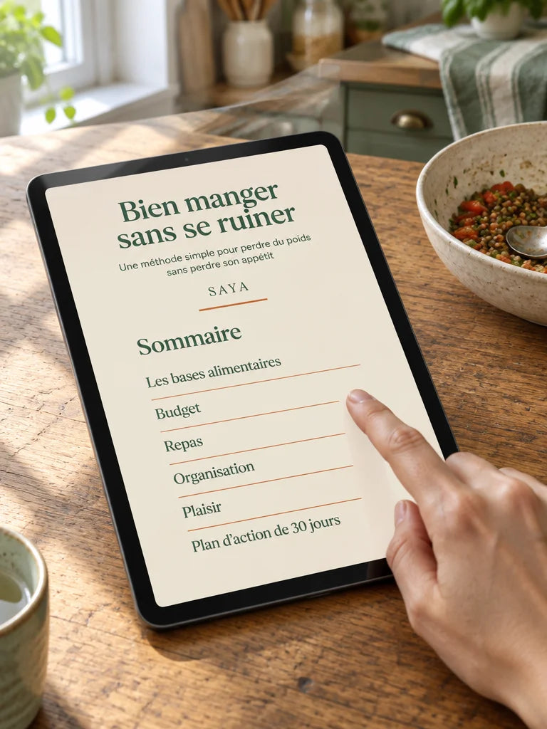 A photograph of the SAYA digital guide open on a black-bezel tablet, the device and its screen the c