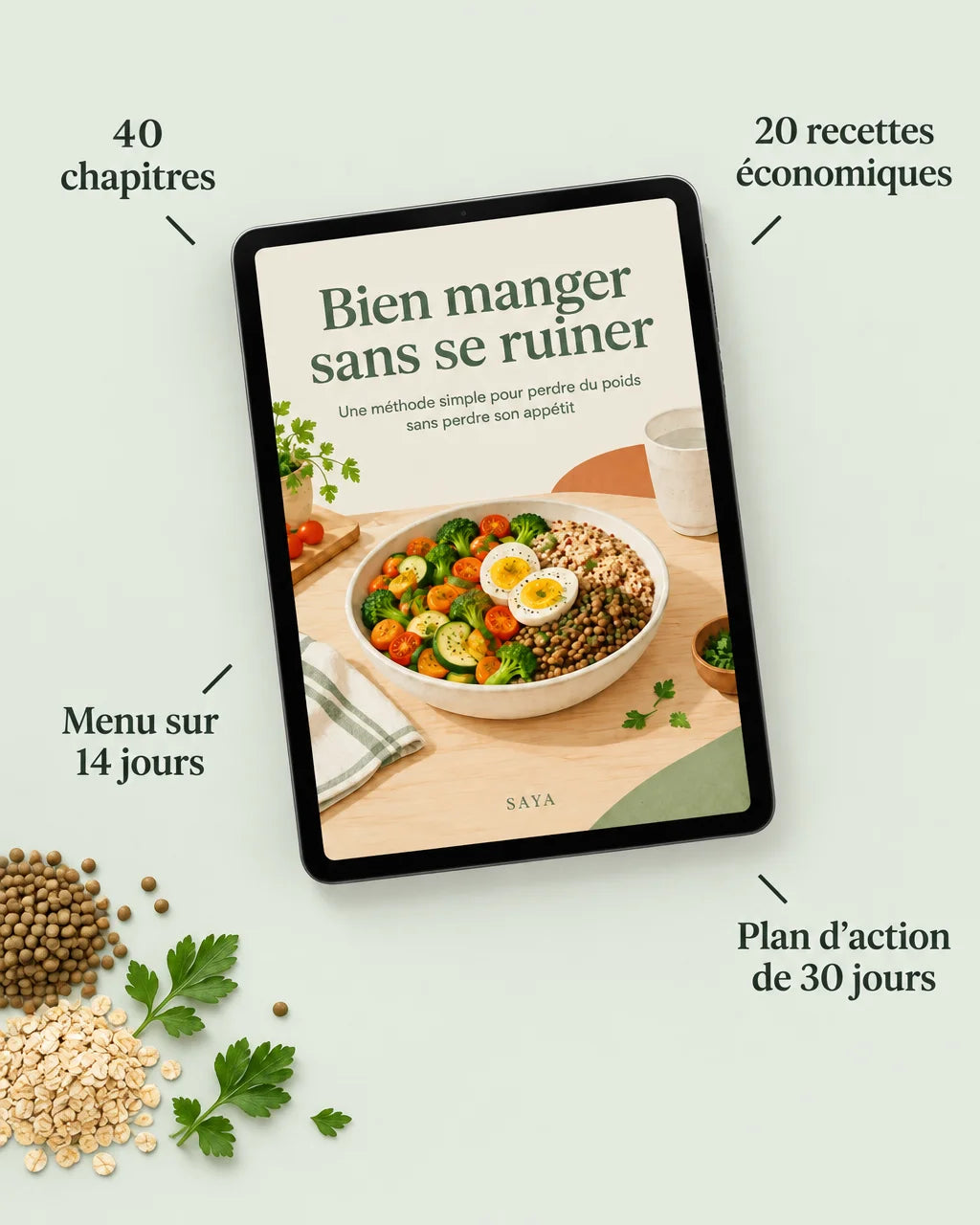 A French-language facts graphic built over a top-down product photograph. A black-bezel tablet, seen